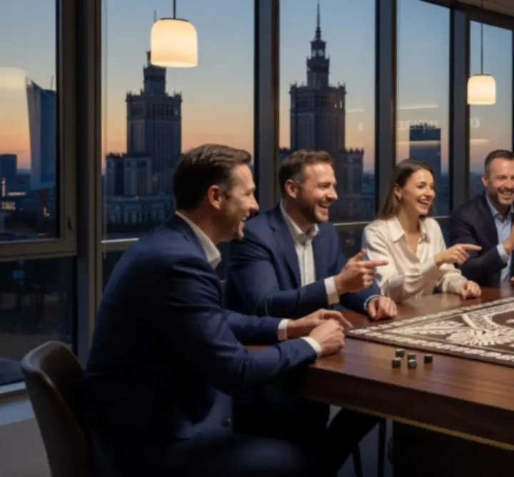Event firmowy z uczestnikami przy stołach do gier i w eleganckich wnętrzach