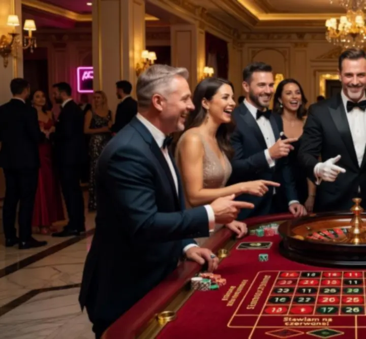 Goście śmiejący się i bawiący przy stole ruletki podczas eleganckiego eventu.