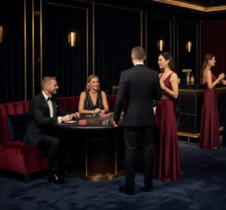 Luksusowy event klubowy w stylu kasynowym z eleganckim oświetleniem i stołami do gry.