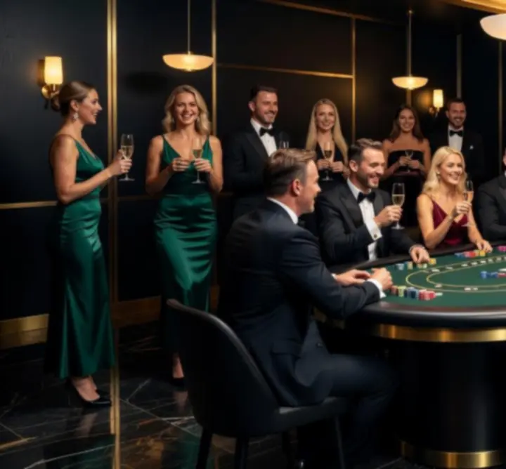 Luksusowy pokerowy event z eleganckimi stołami i żetonami