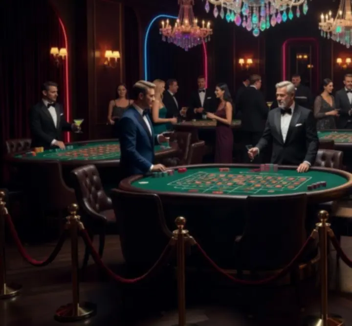 Luksusowa aranżacja eventowa w stylu casino z eleganckim oświetleniem i stołami do gier.