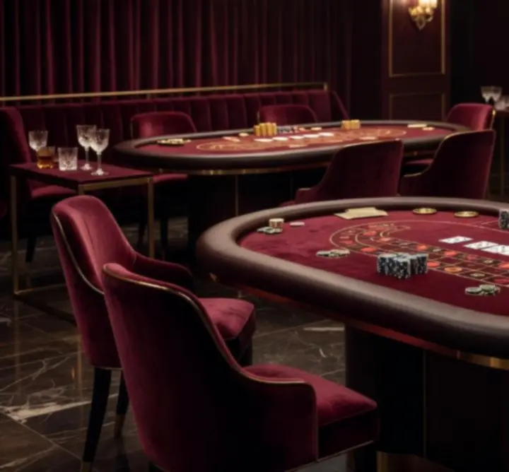 Luksusowa aranżacja eventu casino z eleganckimi stołami pokerowymi i ruletką