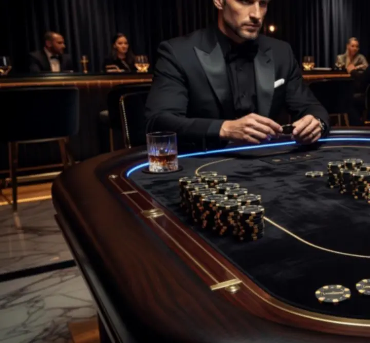 Nowoczesny stół pokerowy przygotowany na wieczór pokerowy z żetonami i kartami.