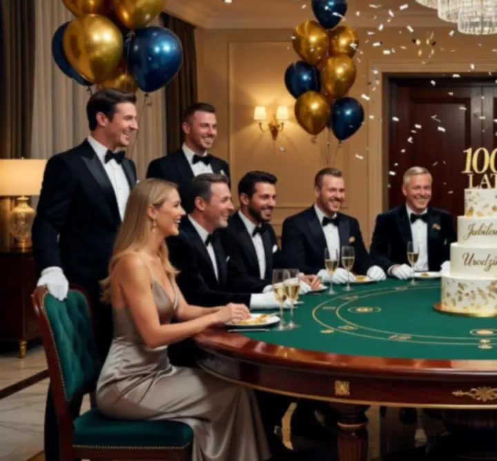 Stół pokerowy przygotowany na prywatne urodziny z żetonami i kartami