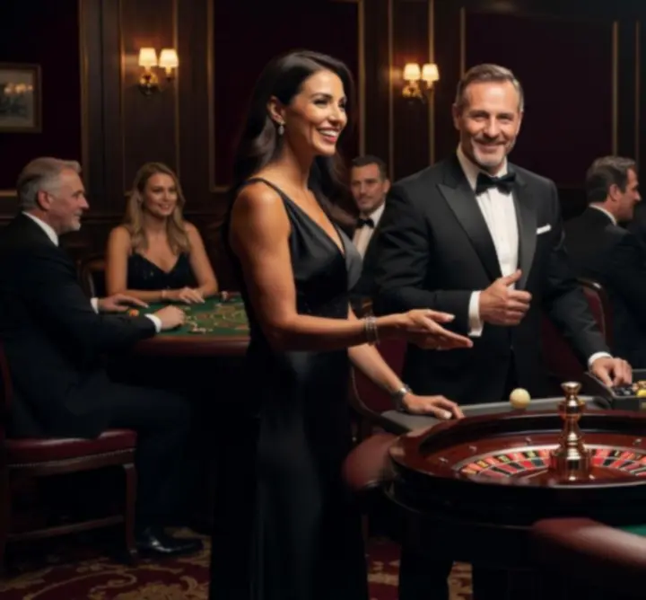 Profesjonalni krupierzy i prowadzący podczas eleganckiego wieczoru pokerowego
