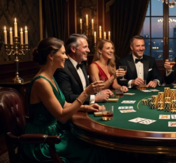 Prywatna impreza pokerowa z eleganckim stołem i żetonami w luksusowym wnętrzu