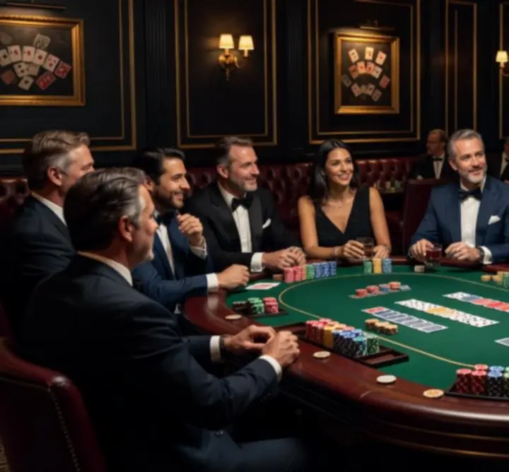 Tematyczna rozrywka pokerowa z eleganckim stołem i żetonami podczas wieczoru eventowego.