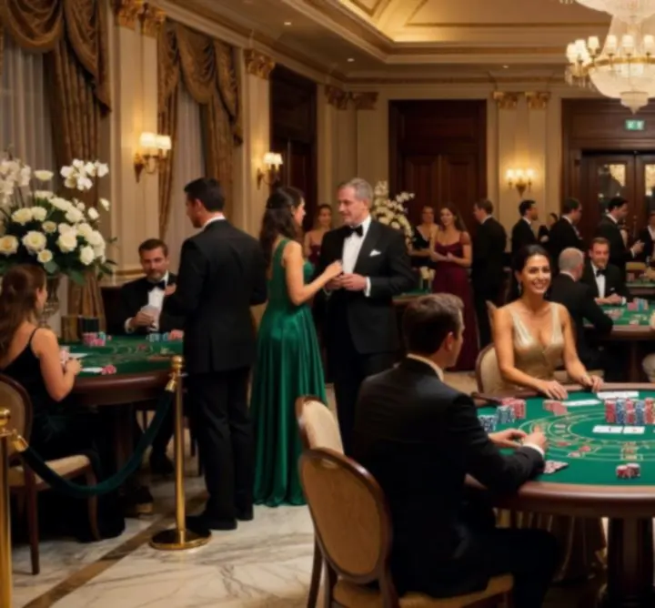 Goście bawiący się przy stołach do gier podczas eleganckiego eventu