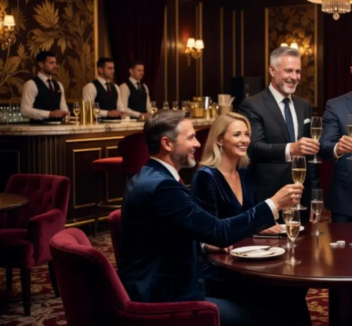 Uczestnicy imprezy w eleganckim klubie, świętujący udany event rozrywkowy.